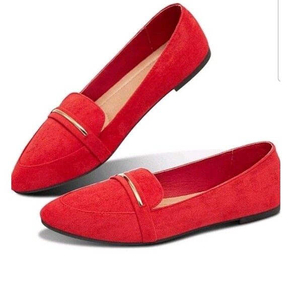 New Red Ballet Flat Pointy toe Loafers With Gold Detailing - Picture 1 of 5